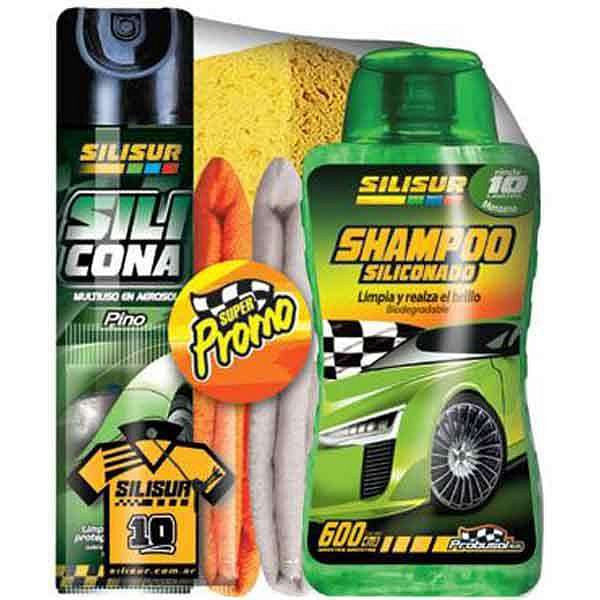 Kit de Limpieza para Auto Silicona Shampoo Franela Rejilla 6 Un Silisur