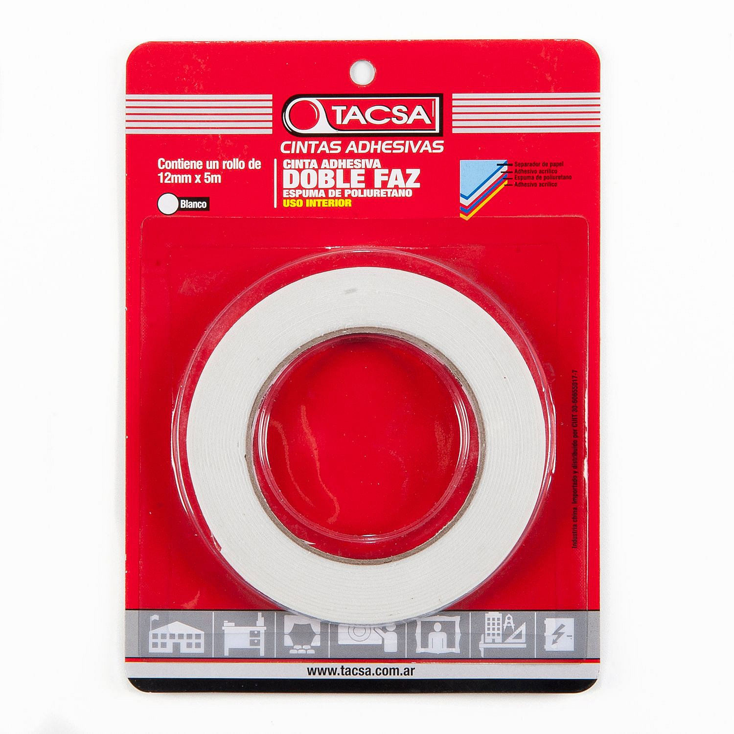 Cinta de Espuma Doble Faz 12x500 Mm Blanco Tacsa