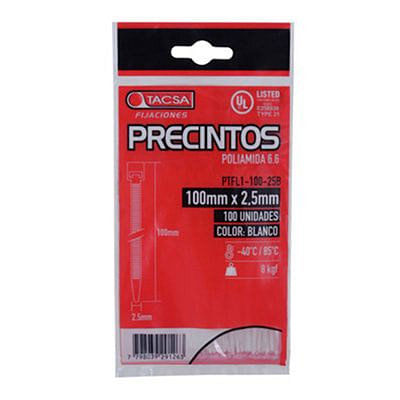 Precinto Blanco 100X2.5 Mm 28X21X2,7 Cm X 100 Un Tacsa