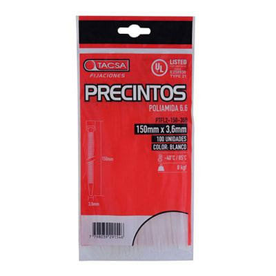 Precinto Blanco 150X3.6 Mm 35X22X3 Cm X 100 Un Tacsa