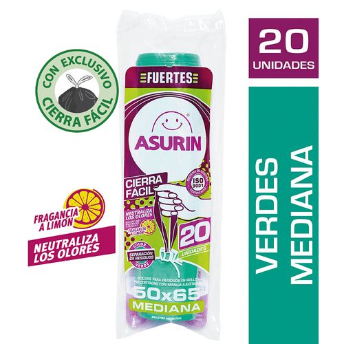 Bolsas Para Residuos Asurín Mediana Verde Cierra Fácil 50x65Cm x20u