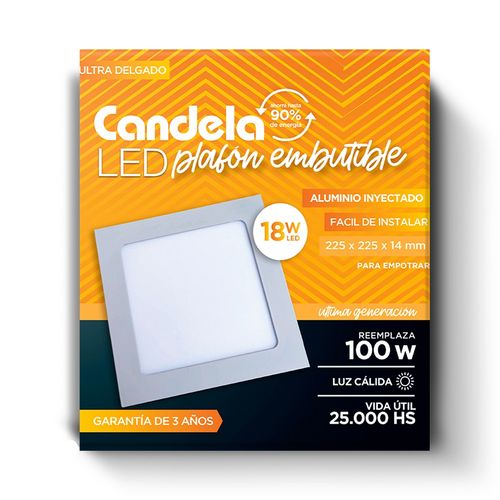 Plafón Led Cuadrado Embutible 18 W Cálido Blanco Candela