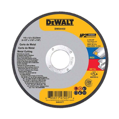 Disco De Corte 4 1/2 X 1,6 Mm Plano Hp Dewalt