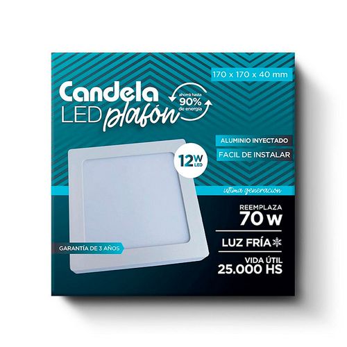 Plafón LED Cuadrado Base 12 W Fría Blanco Candela