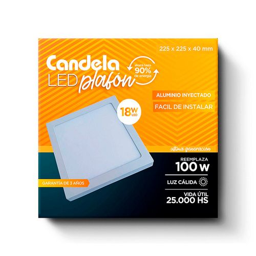 Plafón Led Cuadrado Base 18 W Cálido Blanco Candela