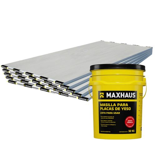 Combo 5 Placas De Yeso 12,5 + 1 Lata De Masilla Maxhaus 32 Kg