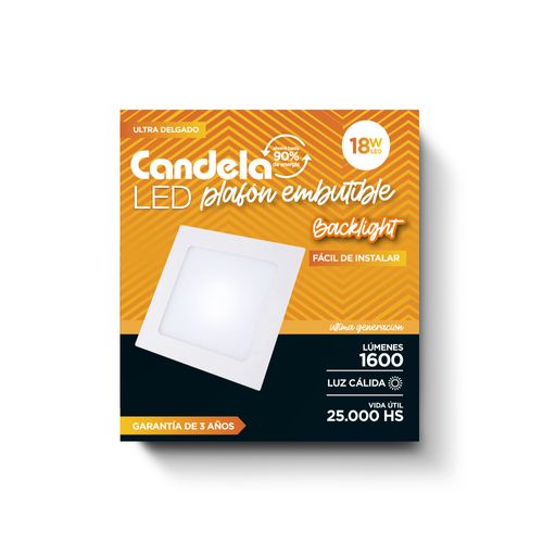 Led Plafón Cuadrado Embutible 18W Cálido Candela