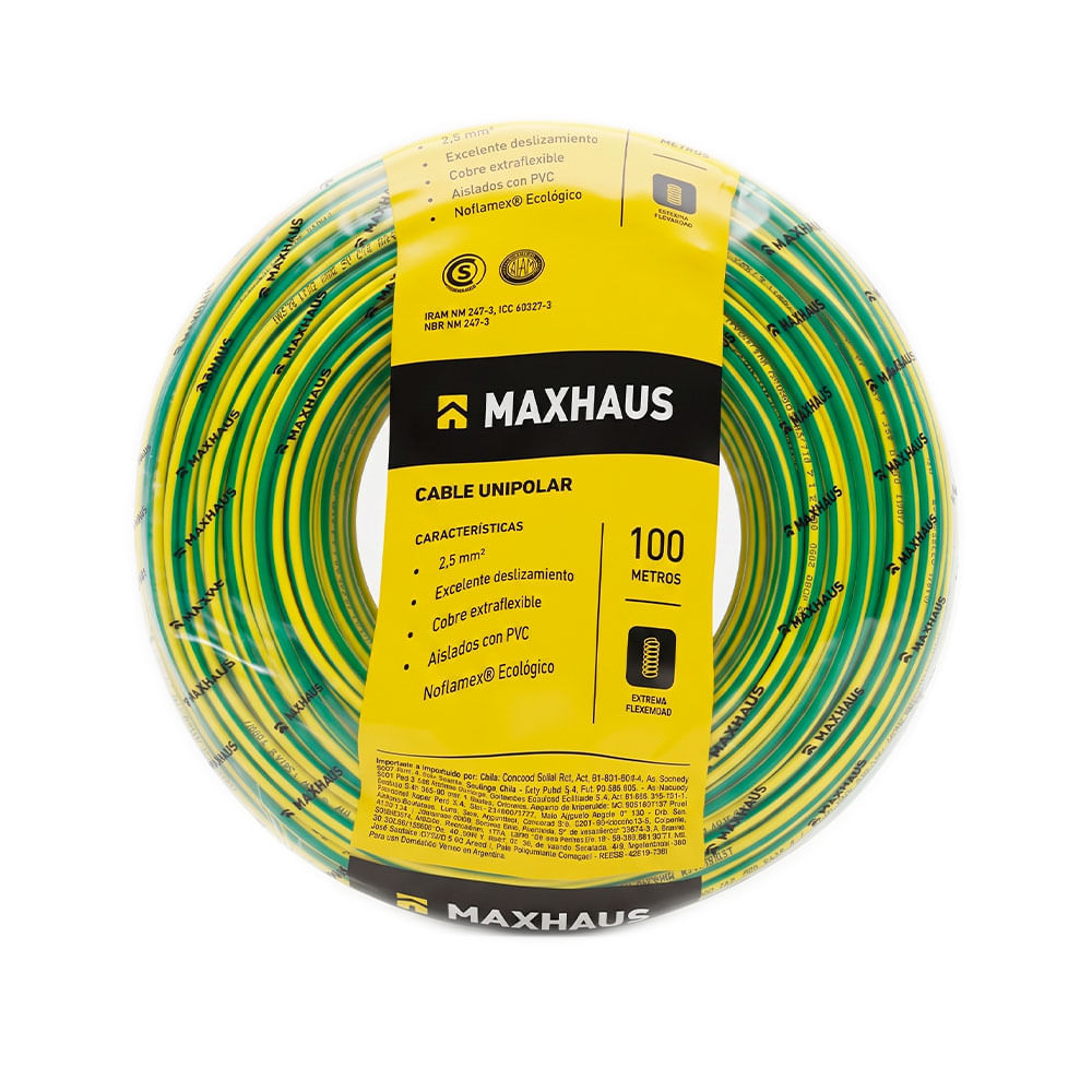 Cable Unipolar 2.5Mm Verde y Amarillo X 100 M Maxhaus